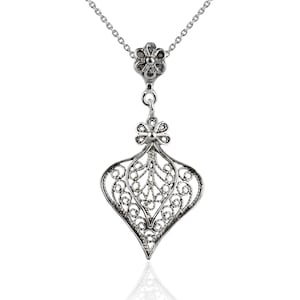 925 Sterling Silver Heart Pendant Necklace, Filigree Art Lace Detailed Heart Women Pendant