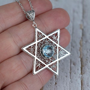 Sterling Silver Star of David Pendant Necklace, Filigree Creation Jewish Star Pendant Necklace with Citrine, Sky Blue Topaz Stone