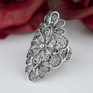 925 Sterling Silver Filigree Lace Women Long Ring, Flower Detailed Statement Ring