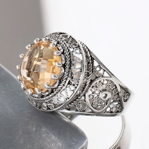 Sterling Silver Filigree Women Dome Ring with Prasiolite, Citrine, Ruby Zoisite, Green Agate Stone, Gift Boxed