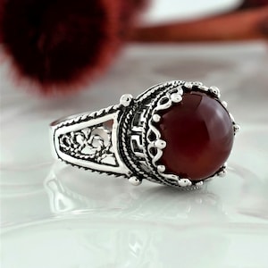 Sterling Silver Filigree Greek Key Women Cocktail Ring, Carnelian  / Rose Quartz Gemstone Statement Ring