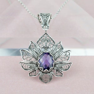 Sterling Silber Filigran Lotus Blume Amethyst Zirkon Frauen Anhänger Halskette, 20 &quot;Silber Kette Option