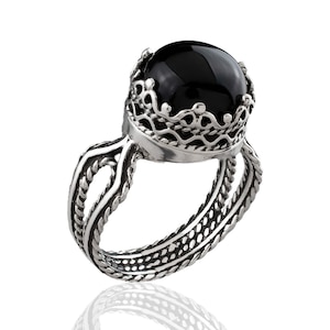 Sterling Silver Filigree Women Dainty Cocktail Ring, Gray Moonstone, Carnelian and Black Onyx Gemstone Ring