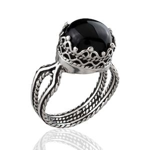 Bague de cocktail en argent sterling filigrane pour femmes, pierre de lune grise, cornaline et bague en pierre précieuse en onyx noir Onyx