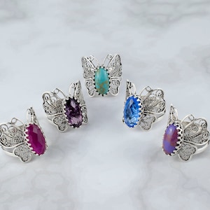 Sterling Silver Filigree Butterfly Women Cocktail Ring, Amethyst, Turquoise, Ruby Corundum, Malachite Gemstone Options, Gift Boxed