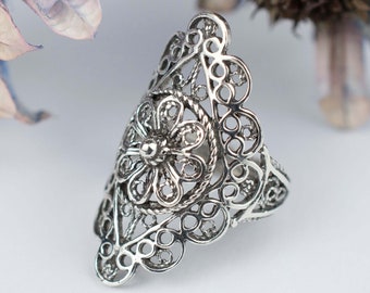 925 Sterling Silver Filigree Lace Women Long Ring, Flower Detailed Cocktail Ring