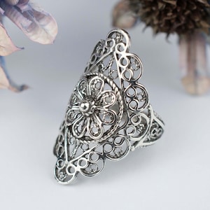 925 Sterling Silver Filigree Lace Women Long Ring, Flower Detailed Cocktail Ring