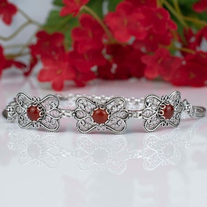 Sterling Silver Filigree Women Adjustable Link Bracelet, Amethyst, Blue Topaz, Carnelian, Malachite Gemstone, Gift Boxed