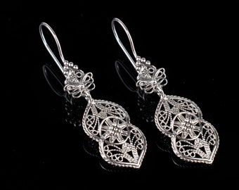 Sterling Silver Filigree Art Lace Detailed Women Dangle Drop Earrings