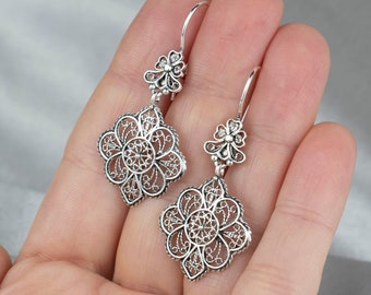 925 Sterling Silver Paisley Design Women Dangle Drop Earrings, Handmade Solid Silver Filigree Art Lace Detailed Earrings, Earrings Gift Her