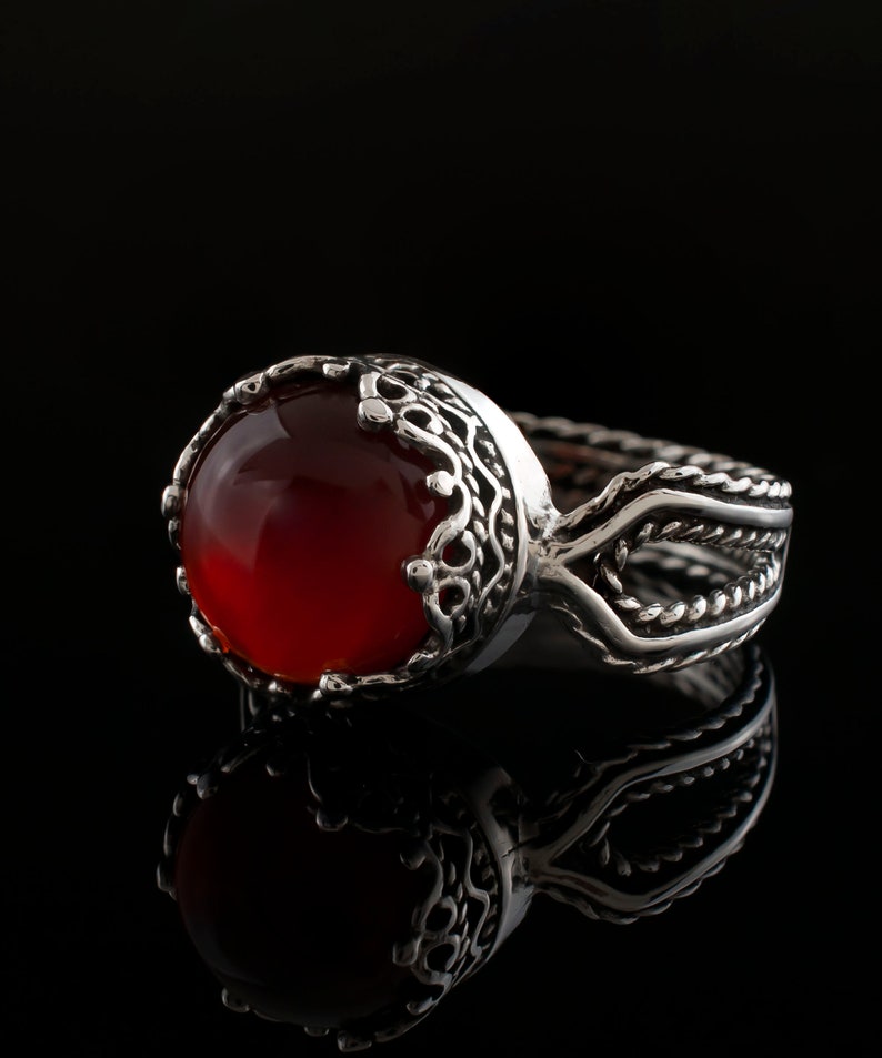 Bague de cocktail en argent sterling filigrane pour femmes, pierre de lune grise, cornaline et bague en pierre précieuse en onyx noir image 5