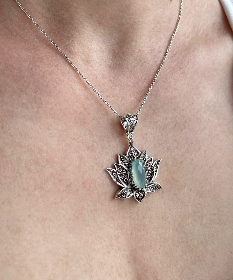 Sterling Silver Filigree Lotus Flower Aqua Chalcedony Women - Etsy