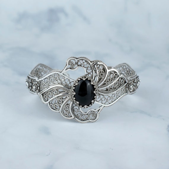 Vintage Silver Tone & Onyx Filigree Braided Semi Bangle Cuff  Vintage Sterling Silver 925 Onyx Filigree Cuff Bracelet 7\
