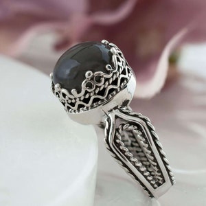 Bague de cocktail en argent sterling filigrane pour femmes, pierre de lune grise, cornaline et bague en pierre précieuse en onyx noir image 9