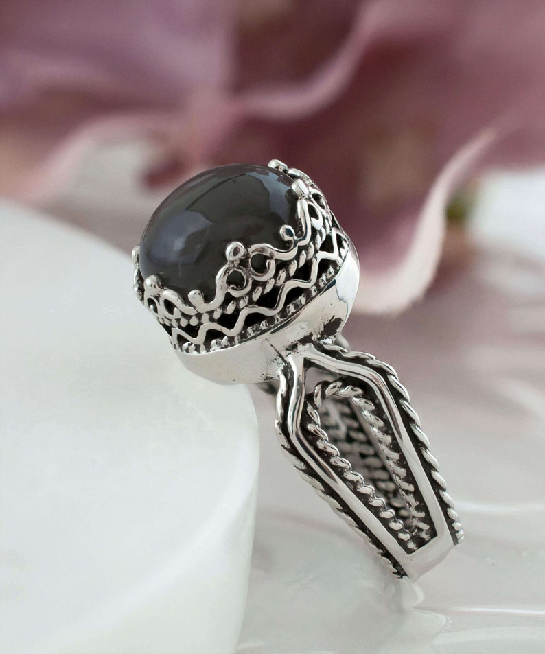 Bague de cocktail en argent sterling filigrane pour femmes, pierre de lune grise, cornaline et bague en pierre précieuse en onyx noir image 9