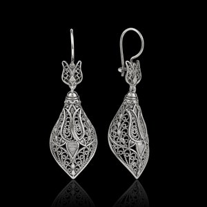 Sterling Silver Filigree Art Lace Detailed Women Conical Dangle Drop Earrings