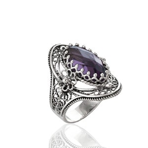 Sterling Silver Filigree Women Oval Cocktail Ring, Amethyst, Blue Topaz and Ruby Corundum Gemstone Ring, Gift Boxed
