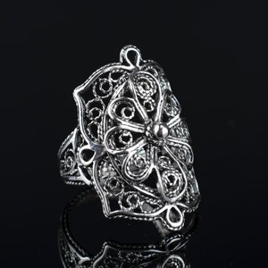 925 Sterling Silver Filigree Lace Women Cocktail Ring, Flower Detailed Statement Ring