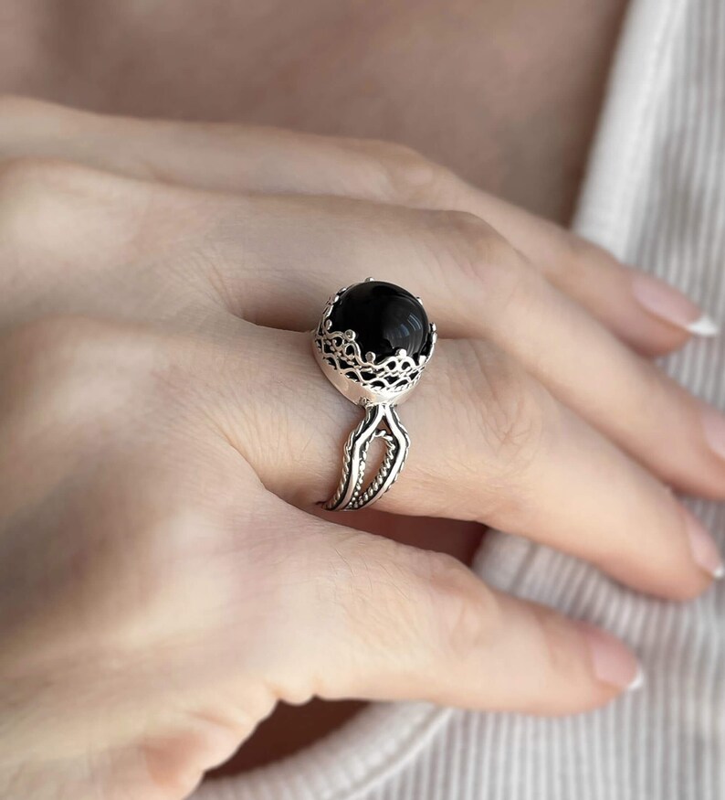 Bague de cocktail en argent sterling filigrane pour femmes, pierre de lune grise, cornaline et bague en pierre précieuse en onyx noir image 3