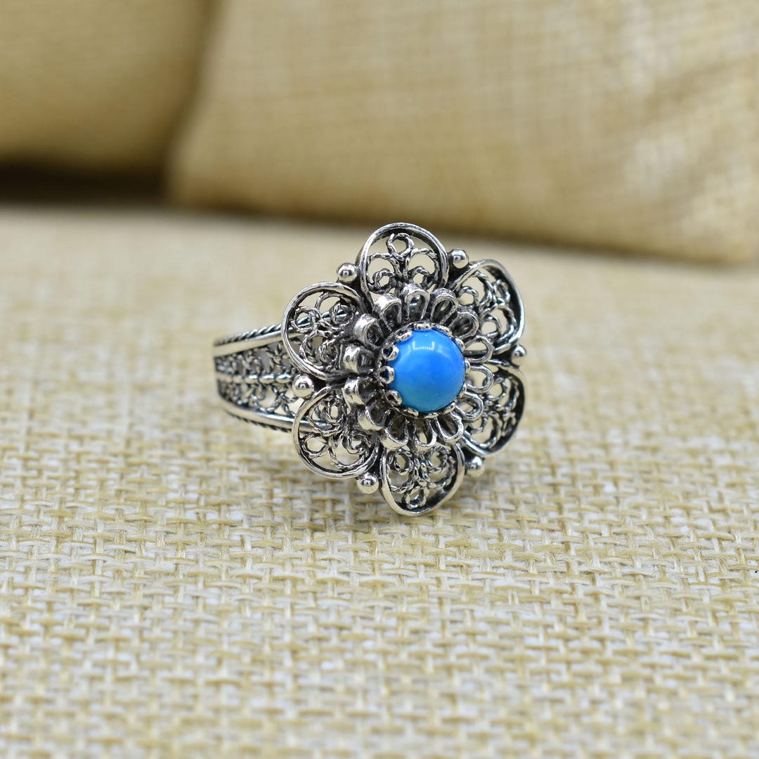 Turquoise – Sterling Silver Filigree Art Statement Ring - Etsy