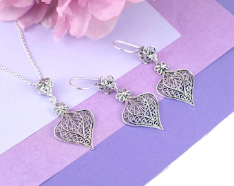 Handcrafted Filigree Sterling Silver Heart Pendant & Drop Earrings Set | Artisan Jewelry Gift for Her | Filigree Sets Collection