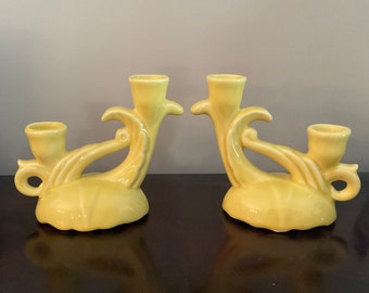 Two Vintage,Double Candle Holders,Retro Yellow, U.S.A. Made