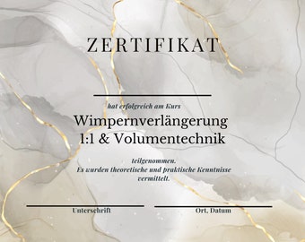 Zertifikat Wimpernverlängerung 1:1 & Volumentechnik