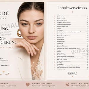 Könnte beinhalten: Ein zweiseitiges Schulungshandbuch für Wimpernverlängerung von Fjordé Aesthetics. Die linke Seite zeigt ein Porträt, den Text SCHULUNG FÜR WIMPERNVERLÄNGERUNG und Kontaktdaten. Die rechte Seite enthält ein Inhaltsverzeichnis mit 35 Themenpunkten.