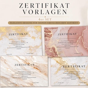 Puede incluir: Cuatro plantillas de certificados con diseños elegantes. Los certificados tienen un diseño de mármol y pan de oro. El texto de los certificados dice "ZERTIFIKAT" y "WIMPERNVERLANGERUNG & VOLUMENTECHNIK".