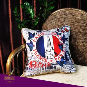 Paris Eiffel Tower Pillow, Paris France Decorative Pillow, 16x16 Pillow Cover, Bonjour Paris Throw Pillow,  Eiffel Tower decoration