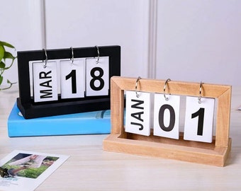 Wooden Flip Calendar | Minimal Modern Office Desk Decor Accessories | Eco-Friendly Stylish Manual Wooden Desk Calendar | Black Wood