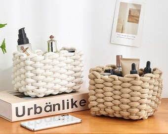 Woven Basket Storage Bin | Modern Simple Organiser | Home Style Braiding Woven Cotton Crate | Bedroom, Desk, and Cosmetics Container