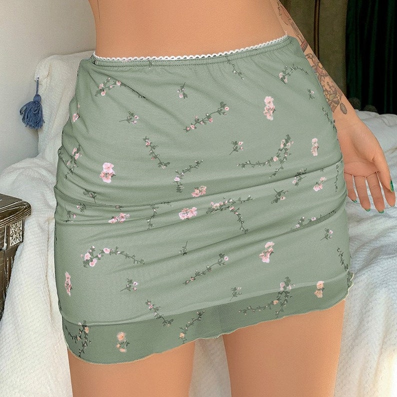 Y2K Floral Mesh Mini Skirt High Waist Overlay Bodycon Double - Etsy