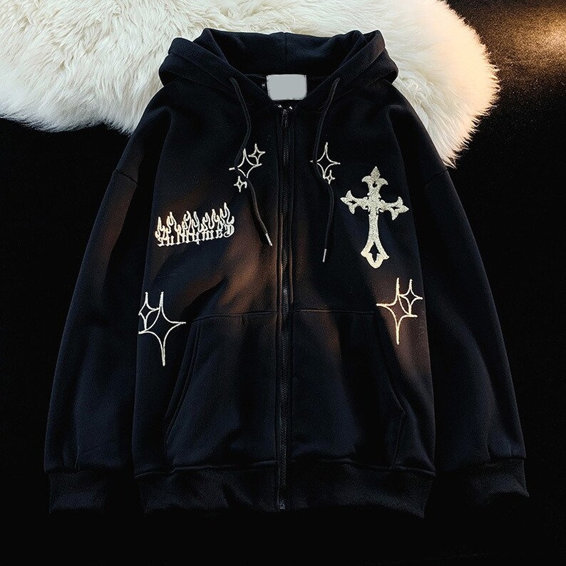 Gothic Embroidery Hoodies Oversized Zip up Hoodie Harajuku Etsy
