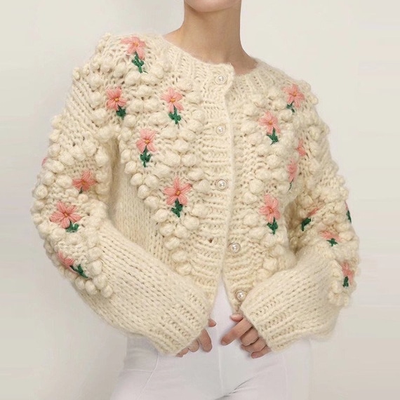 Knitted Sweater Cardigans Floral Embroidery Autumn Winter - Etsy