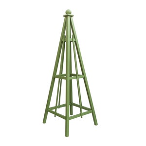 May include: A green wooden obelisk plant support with a pointed top. The obelisk has a square base and four sides with latticework.