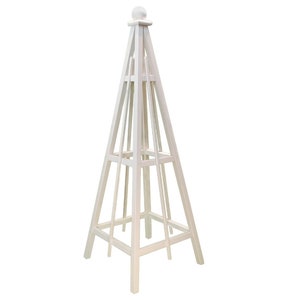 May include: White wooden garden obelisk with a pointed top and a square base. The obelisk has a lattice design and is perfect for climbing plants.