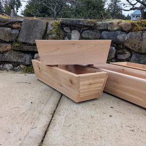 Peut inclure: Trois jardinières rectangulaires en bois non finies. Les jardinières sont en bois de couleur claire et ont un design simple et moderne. Les jardinières sont vides et prêtes à être plantées. L'arrière-plan comprend un mur de pierre et un ciel nuageux.