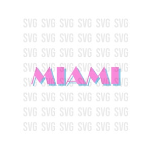 May include: A graphic design featuring the word "Miami" in pink and blue. The letters are made up of overlapping geometric shapes.