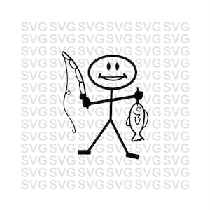 May include: A stick figure illustration of a person fishing. The person is holding a fishing rod in one hand and a fish in the other. The person is smiling.