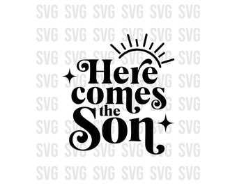 May include: Black and white graphic design with a sun and the text "Here comes the Son".