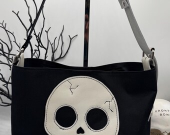 Bolso tote blanco con calavera de piel y lona: gótico, regalo, negro, ajustable.