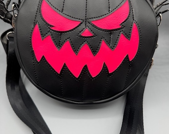 Bolsa circular con forma de calabaza aplastada, negra y rosa neón, años 90, Halloween, gótica, regalo