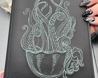Teacups and Tentacles Embroidered Notepad Holder: Teal, Gift, Junior Legal, Steampunk, Victorian Goth