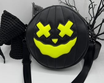 Bolsa circular con parches de calabaza, color negro y amarillo neón, años 90, Halloween, gótico, regalo
