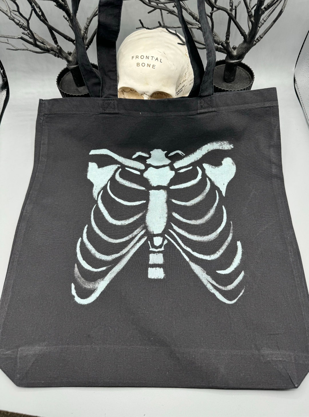 Hand Painted Bleach Ribcage Tote Bag, Re-useable, Trick or Treat - Etsy
