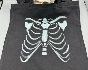 Hand Painted Bleach Ribcage Tote Bag, Re-useable, Trick or Treat