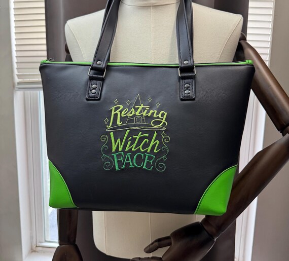 Resting Witch Face Embroidered Tote Bag: Black & Green Goth Shoulder Bag
