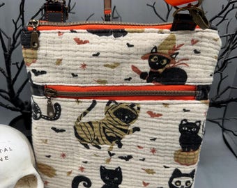 Halloween Kitties Cotton Crossbody, goth, gift, halloween, spooky, Black, Orange