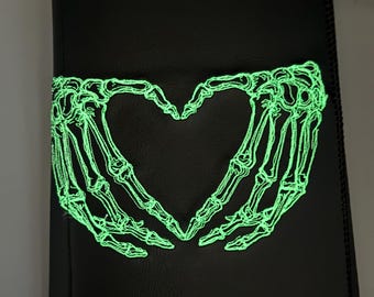 Skeletal Heart Hands Glow Embroidered Notepad Holder: White, Gift, Junior Legal, Steampunk, Victorian, Goth